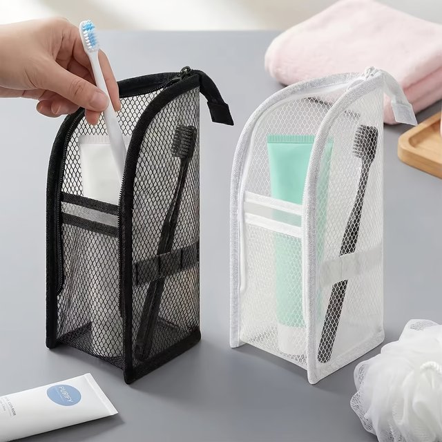Portable Mesh Toiletry Bag, Small Travel Toothbrush Pouch, Multifunctional Cosmetic Brush Organizer Makeup Storage Pouch