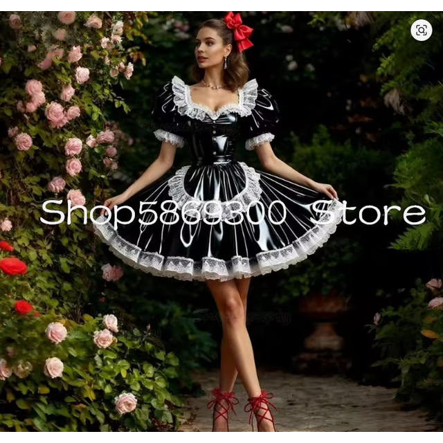 Robe de bal de demoiselle d'honneur Cosplay, noire et blanche brillante, robe de soirée courte, manches bouffantes, Costume de mascarade personnalisé