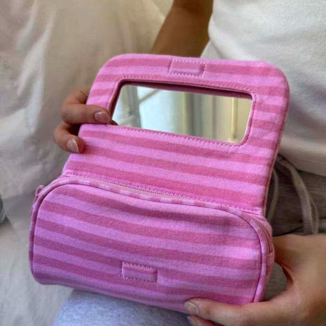 Korean Pink Striped Makeup Bag With Mirror Cute Mini Cosmetic Storage Pouch Portable Travel Beauty Organizer For Girls Daily Use