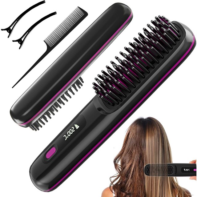 Rechargeable Hair Straightener Brush with 20s Fast Heating and 3 Temp Settings, Straightening Comb with Negative Ions for women