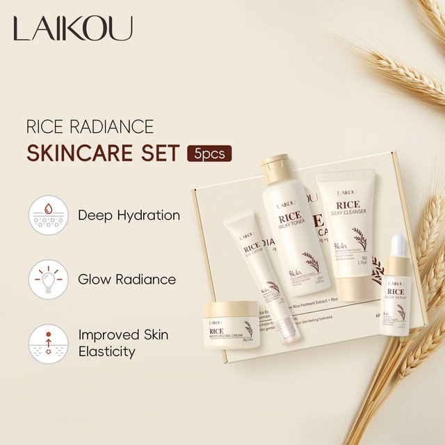 Moisturizing & Anti-Oxidation! LAIKOU Rice 5-Piece Skincare Set (50g Cleanser+100ml Toner+17ml Serum+20g Eye Cream+30g Cream)