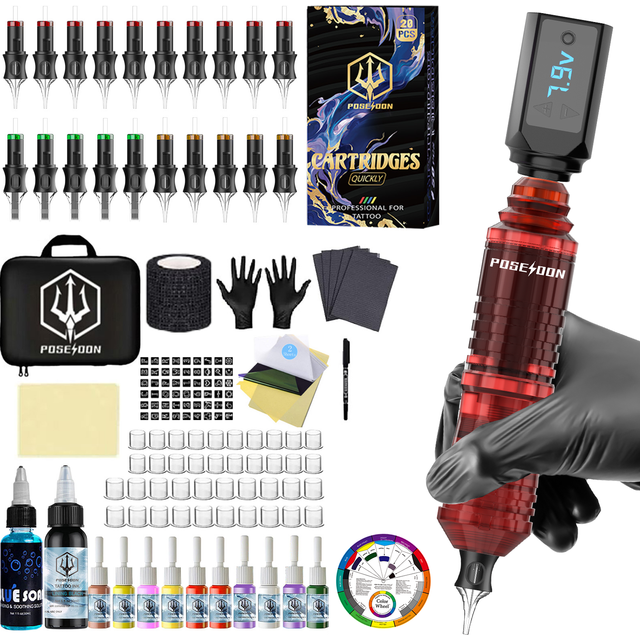 POSEIDON Tattoo Kit V5 Tattoo Pen Kit For Permanent Makeup Tattoo Machine Kit New Red Wireless Tattoo Power Supply Tattoo Gun Ki