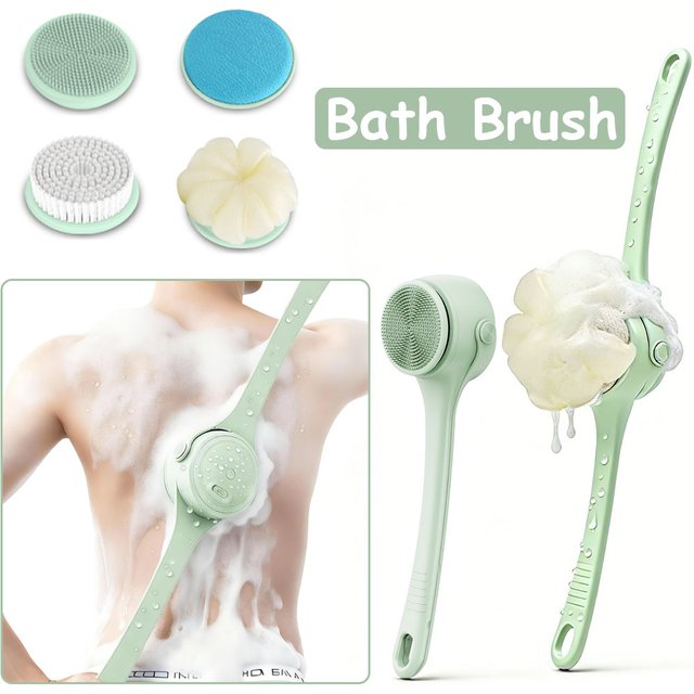 Electric Body Brush with 4 Heads,Back Scrubber for Shower, Waterproof Long Dual Handle Power Body Scrubber, Bath Brush for Clean
