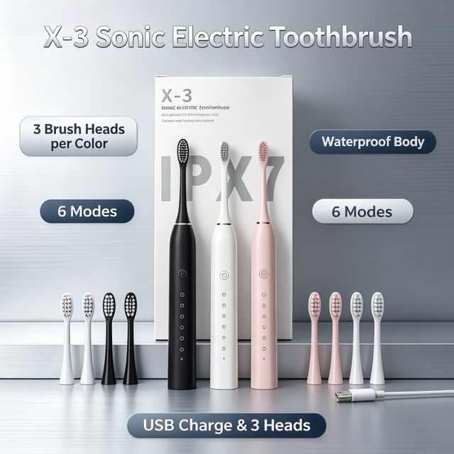 X-3Upgraded Fully Automatic Sonic Electric Toothbrush With IPX7 Waterproof 6-speed Regulation USB Charging and 3 Brush Heads