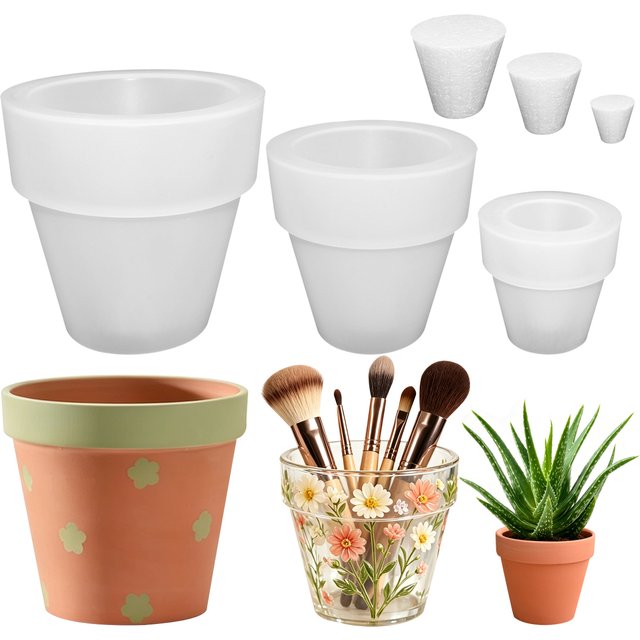 Flower Pot Silicone Molds, 3Pcs Terracotta Pot Resin Mold, Epoxy Resin Mold for Succulent Planter, Makeup Brush Pen Holder