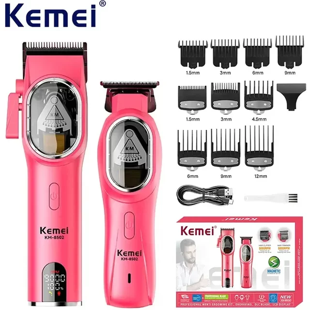 Kemei KM-8502 9000rpm Professional Electric Hair Clipper Kit Rechargeable Trimmer DLC Cordless Hair Cutting Machine Pink Km-2121