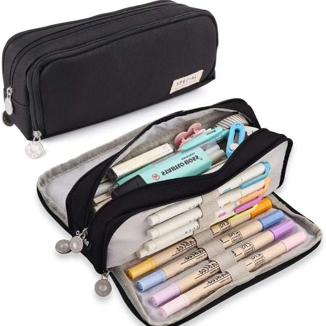 Black Pencil Pouch Stationery Holder Bag Gift Case Pen Ruler Organizer School Student Supplies Canvas Zipper Open Cosmetic Bag A