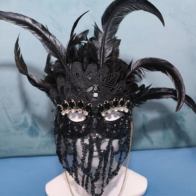 Masque facial unisexe en plumes noires, accessoires de scène, fête de bal d'halloween, Cosplay, mascarade, accessoires de spectacle de chanteur