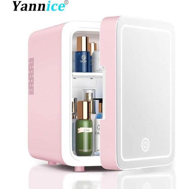 LED Mirror Mini Refrigerator 6L Mini Makeup Fridge Portable Cosmetic Storage Cooler Heating &Cooling Box for Home Car Dual Use