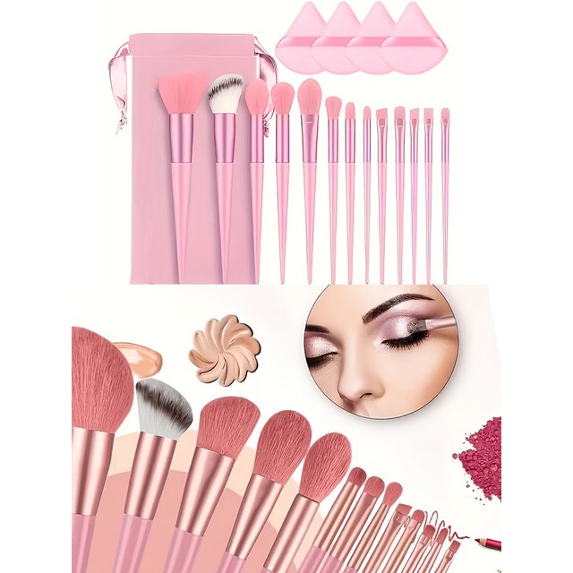 17 Pcs Makeup Brush Set with Sponge - Soft Fluffy Pink Kabuki Brushes for Foundation, Powder & Eyeshadow | Beauty Kit