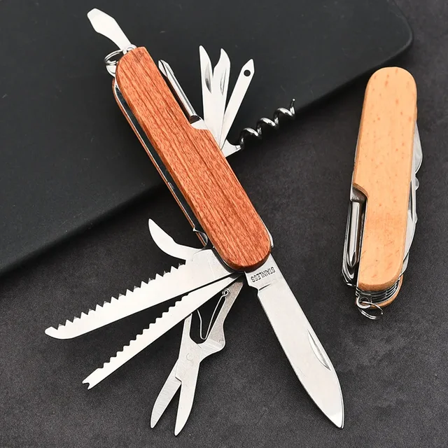Nouveau couteau suisse à manche en bois 11 en 1, couteau militaire pliant Portable EDC multi-outils