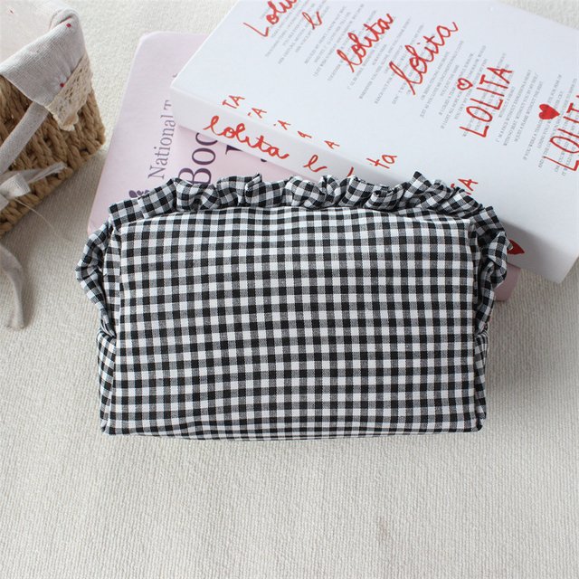 Plaid Gingham Fringe Edge Makeup Bag Korean Style Large Capacity Portable Travel Cosmetic Toiletry Bag Case for Girls Female