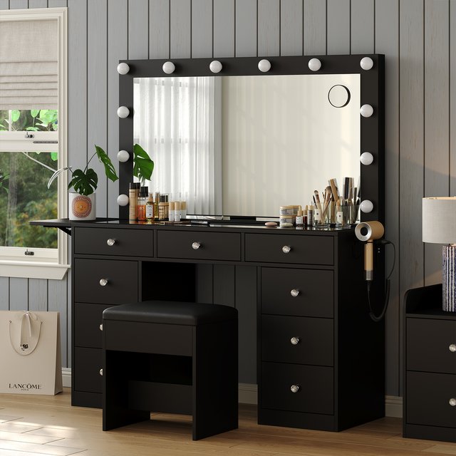 55''H Professional Makeup Vanity Desk Set, Dimmable LED Lighted Mirror with 3 Brightness Levels, Large Drawers & Multi-Tier Shelves, Clear Scratch-Resistant Tempered Glass Top with USB Charging