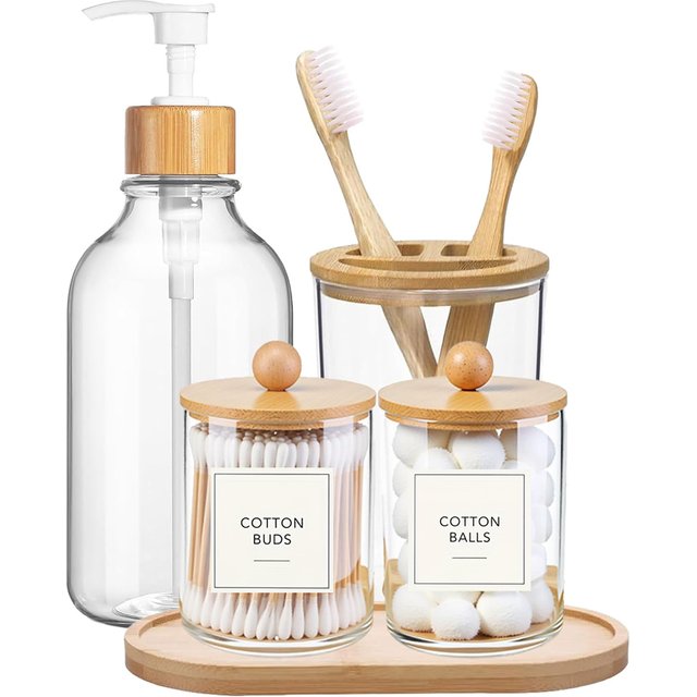 5 Pack Bamboo Bathroom Accessories Set with Tray - Plastic Soap Dispenser Clear Toothbrush Holder and 2 Qtip Holder Cotton Ball