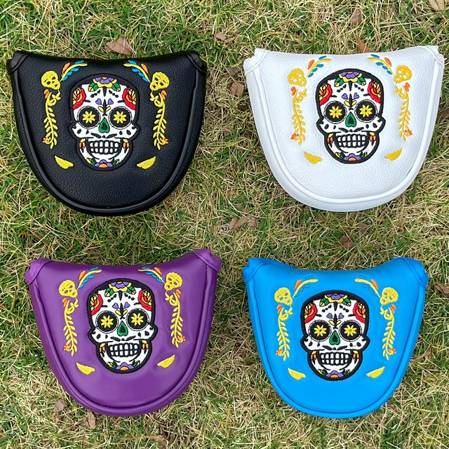 1pc Facial Mask Skull Design Golf Putter Head Cover, Semi-Circular Putter Cover, PU Material with Exquisite Embroidery