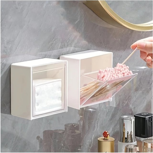 Wall Mounted Plastic Makeup Organizer Compact Design with Flip Cover for Cotton Pads,Swabs,Hair Ties,Lipstick Storage Waterproof