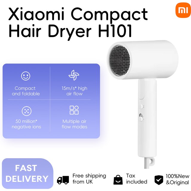 Xiaomi Compact Hair Dryer H101 Mijia 1600W Foldable 50M Negative Ions 15m/s Airflow Dual Heat and Speed Modes 220V With Adapter