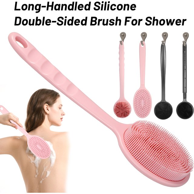 Long Handled Silicone Double Sided Shower Brush Soft Bristles for Exfoliating Massaging Back Body Scrubbing Multi Color Options