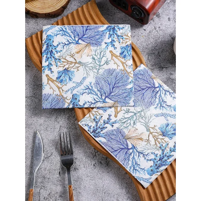 20pcs French Vintage Blue Rustic Tablecloth Placemats Colourful Printed Napkins Flower and Grass Facial Tissues Party Tissues