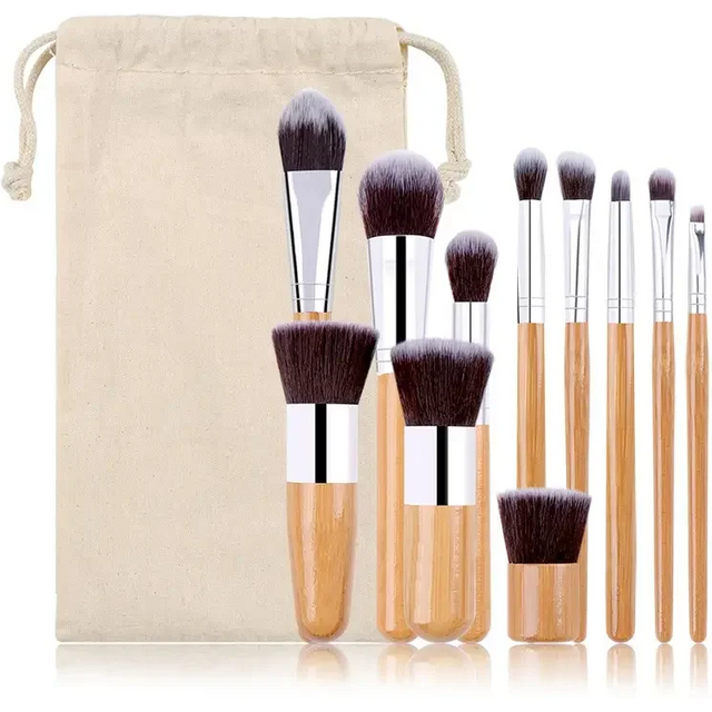 11pcs Natural Bamboo Handle Makeup Brushes Foundation Blending Make Up Tool Set With Cotton Bag