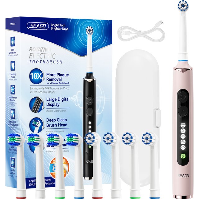 Seago Rotating Electric Toothbrush for Adults with 8 Toothbrush Heads and Travel Box Smart Display 5 Modes Waterproof SG-2607