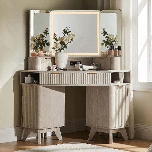 Fluted Makeup Vanity Desk with 3 Way Mirror and Lights, 48" Large Corner Vanity Table with Glass Top, Charging Station, 3 Drawer