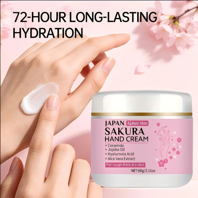 Kubzz Skin Sakura Hand Cream 60g – 72H Ceramide Moisturizer for Dry Rough Hands, Heels & Feet, Hyaluronic Acid & Jojoba Oil