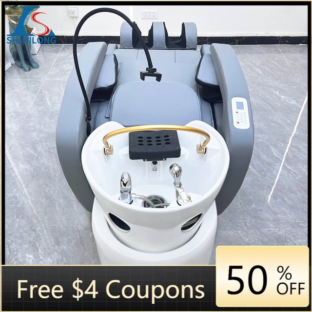 Grey PU Thai Shampoo Bed with Electric Control & Shower Nozzle, Reclining Head Spa Hair Washing Chair for Beauty Salon Barber Sh