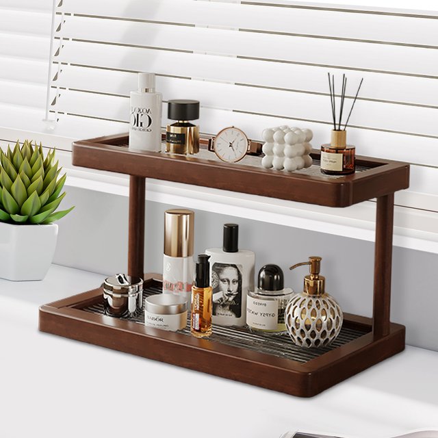 2-Tier Bamboo Countertop Shelf with Clear Acrylic Bottom, Non-Tip Cosmetic & Spice Storage for Small Spaces