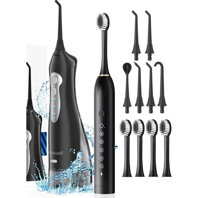 Mornwell Portable Water Flosser with Electric Toothbrush Combo:Gums Care - Brushing & Flossing for Adults, Travel Use, D52 & X3