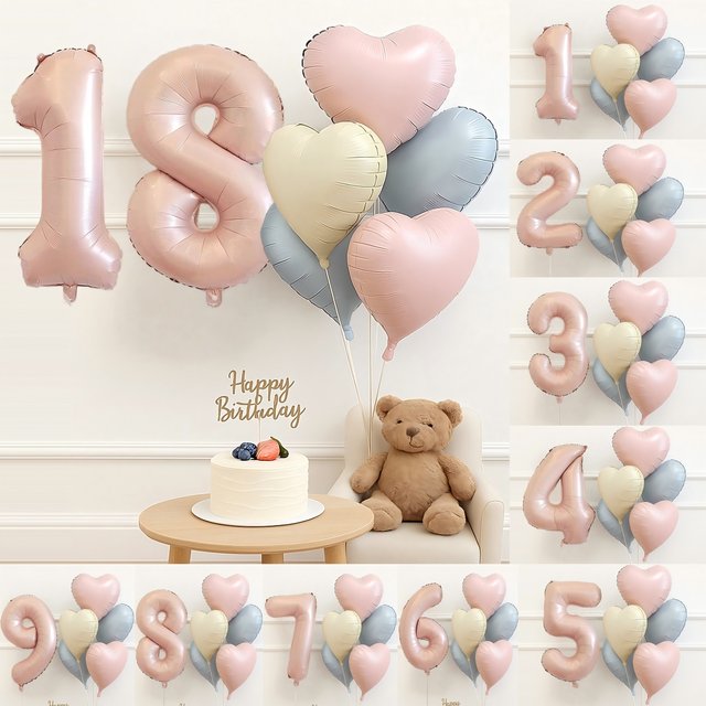 6PCS/set 32" Blush Pink Number & Heart Foil Balloons Set, Mix Colors for Birthday Xmas Party Decor