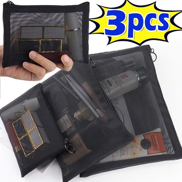 3pcs Black Grey Clear Mesh Cosmetic Pouches, Multi Size Portable Travel Toiletry Organizer for Lipstick Storage