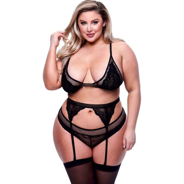 Baci - 3pc Lace & Mesh Bra, Garter & Panty Set-Black Queen