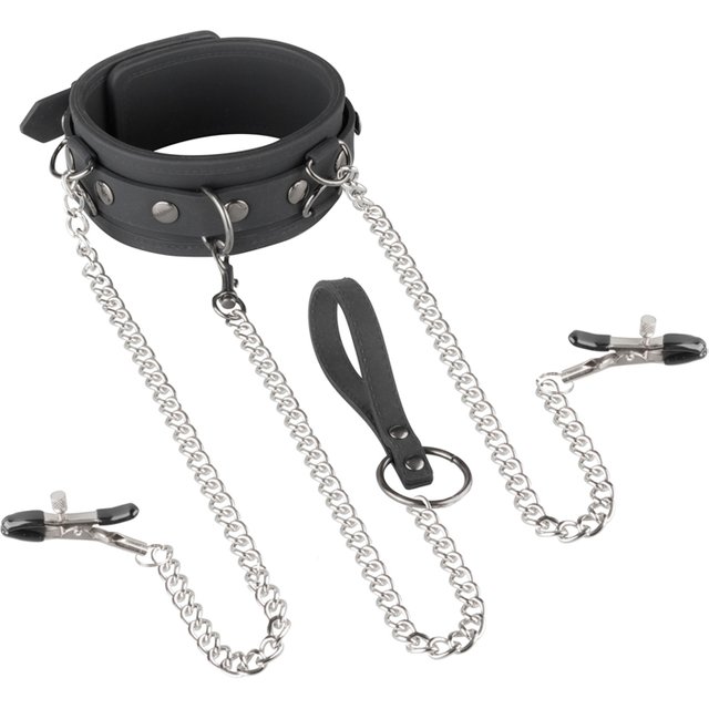 EasyToys - Collier, laisse et pinces à tétons en silicone - Noir