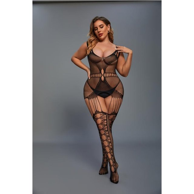 Catsuit avec design porte-jarretelles noir - Curvy