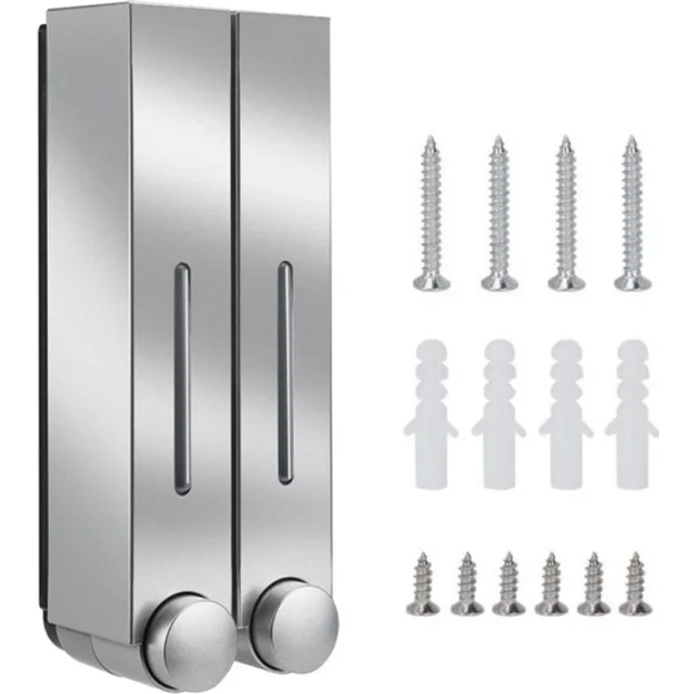 2 Stück Seifen- und Duschgelspender zur Wandmontage 420 ml Badezimmer-Waschmittelspender 10×8×28 cm Mit Schrauben und Dübeln im Paket silbern
