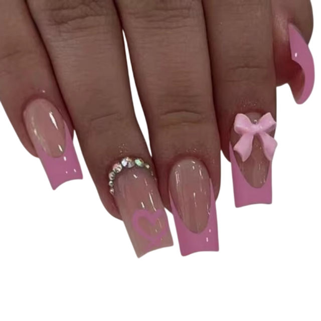 24 szt. Kwadratowe francuskie sztuczne paznokcie z kokardką Klej i pilnik Eleganckie noszone tipsy dla kobiet i dziewcząt DIY manicure w domu i w salonie