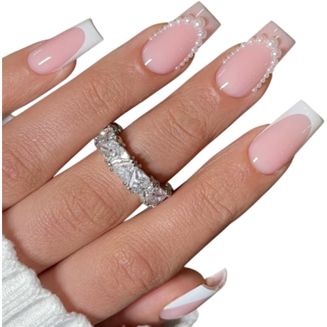 24 sztuk Naklejanych kwadratowych akrylowych paznokci z perełkami i słodkim francuskim wzorem Klej i pilnik w zestawie do domowej manicure