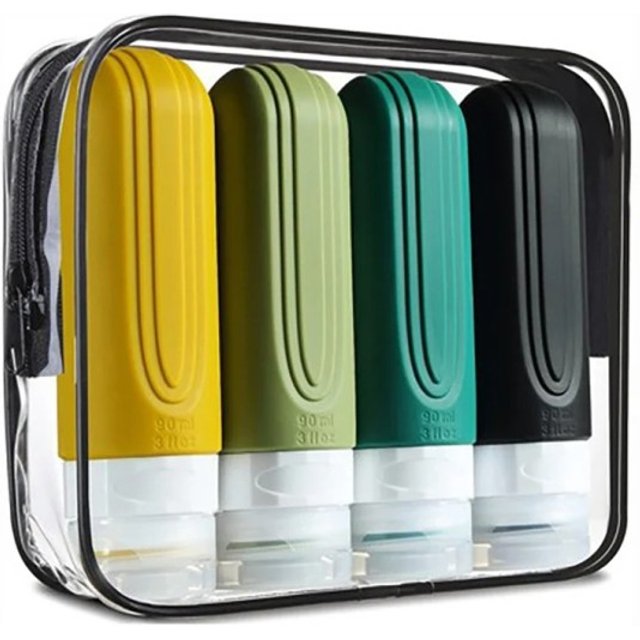4er Set Reiseflaschen aus Silikon 90 ml in farbenfrohem Design. Wiederverschließbares Etui. Nachfüllbare Behälter für Shampoo und Creme. gelb