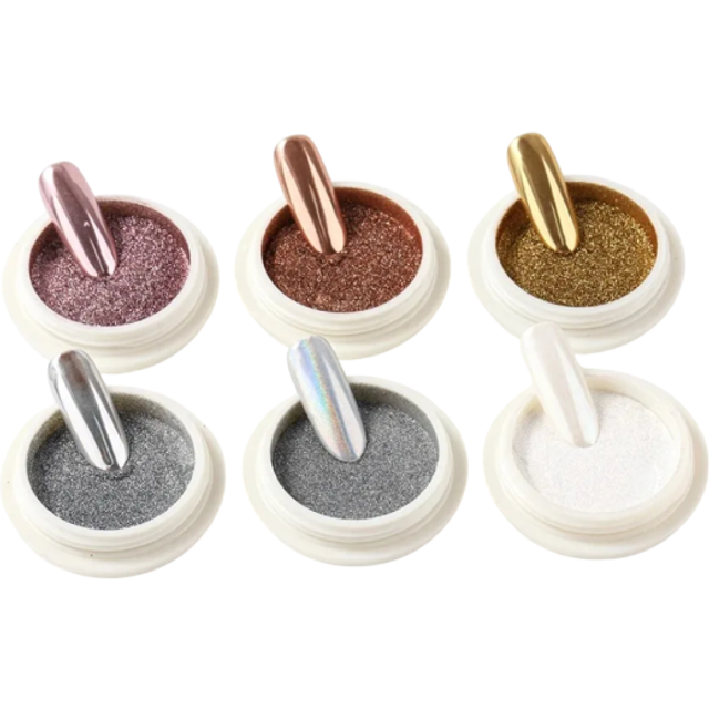 6 sztuk chromowanych lusterkowych pigmentów do paznokci efekt metaliczny, złoty, srebrny, różowy, róż do nail art UV Top Coat utrwalenie