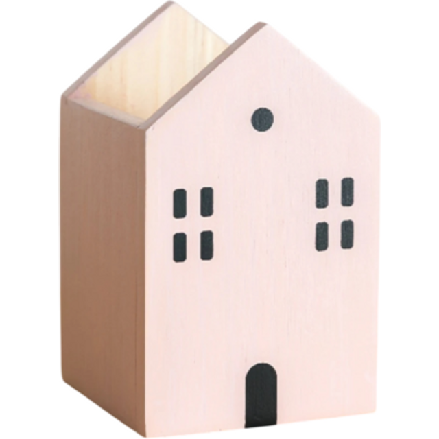 Bleistifthalter aus Holz, 12,5 x 8 x 8 cm, mit Cartoon-Haus, Schreibwaren-Organizer, Pinsel-Aufbewahrungsbox, Make-up, Büro, Student rosa