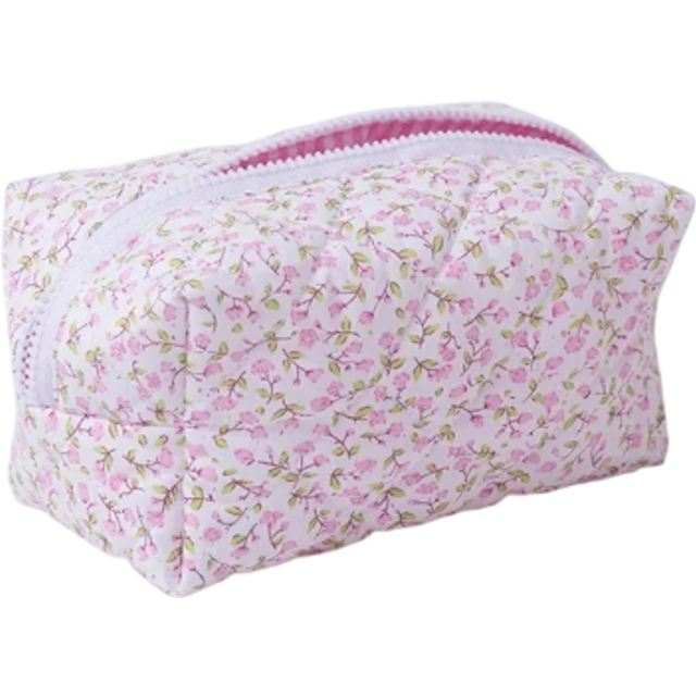 Blumenmuster Quilted Kosmetiktasche 18 x 10,5 x 10,5 cm Große Reisetasche für Make-up Damen Organizer mit Blumenmuster Polyester rosa