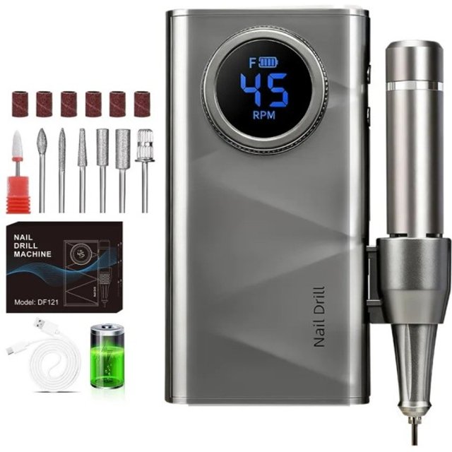 Bruszka do paznokci 24 W z obrotami 0 do 45000 obr./min akumulatorowa i cicha 13,8 x 7,3 cm z wyświetlaczem i ładowaniem USB-C do domowej szary
