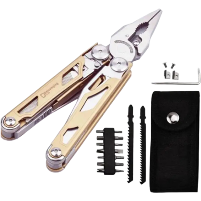 Daicamping DL30 Multifunktionswerkzeug aus rostfreiem Stahl Zangen Klappmesser Scheren Säge Schraubendreher EDC Überlebensset mit Tasche golden