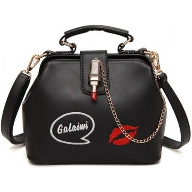 Damen Crossbody Tasche in Kofferform mit Rahmen Dekoration in Form von Lippenstift mit Kette Henkel und langem Gurt aus PU-Leder 22 x 18 x 12 schwarz