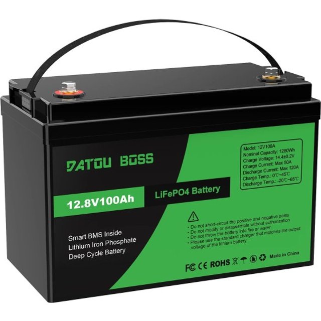 DATOU BOSS 12,8 V 100 Ah LiFePO4 Akku 1280 Wh DT-100Ah Smart BMS M8 Pole 33 x 17 x 21 cm schwarz für Solarsysteme und Wohnmobile