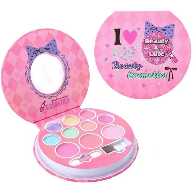Dziecięca paletka do makijażu 12,98 x 12 x 2 cm Paletka z lusterkiem 7 cieni do powiek 3 róże 2 pędzelki Kolorowy zestaw do makijażu dla małych