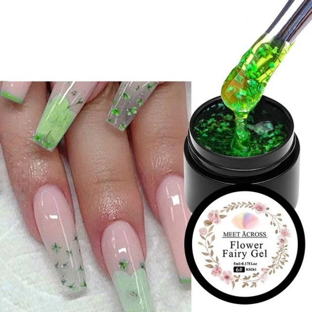 Kwiatowy żel do paznokci z suszonymi płatkami 5 ml flower fairy gel do UV LED nail art z kwiatowym wzorem i aplikacją pod top coat zielony
