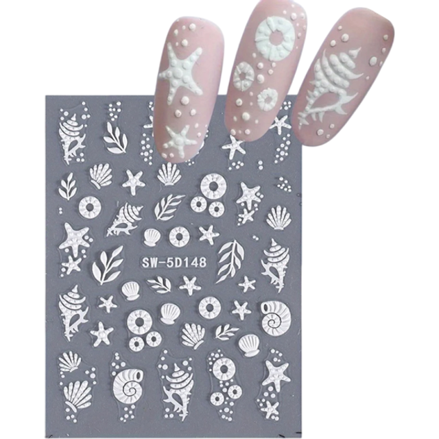Letnie białe naklejki na paznokcie 5D muszle gwiazdy morskie klej do paznokci Nail Art slidery wypukłe naklejki folia dekoracja manicure