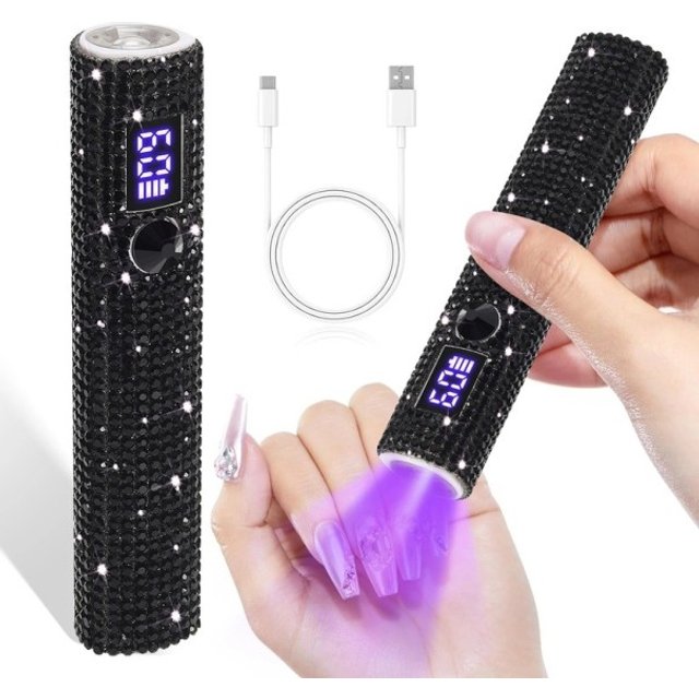 Mini UV LED lampa do paznokci Przenośna ładowalna z wyświetlaczem cyfrowym i kamieniami ABS plastik kabel USB-C Do żelowych paznokci i manicure czarny